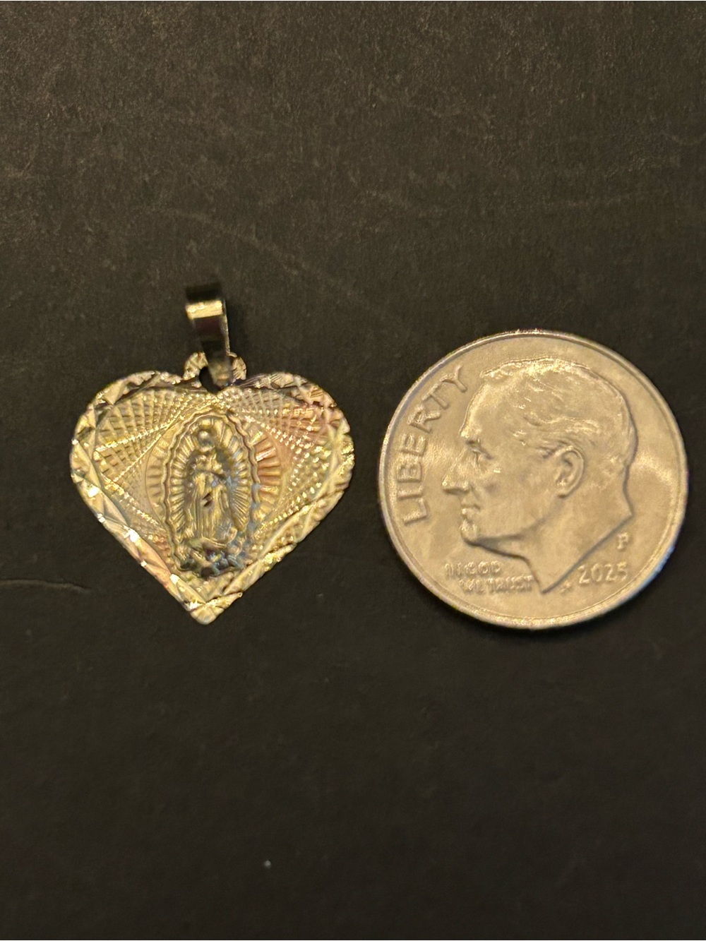 Solid 10KT Two-Tone Gold Heart Pendant with Virgin Mary Medallion - Picture 6 of 10